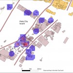 GIS map of glass-working evidence (highlighted according to concentration) from the Main City South, Amarna (copyright: Anna Hodgkinson)