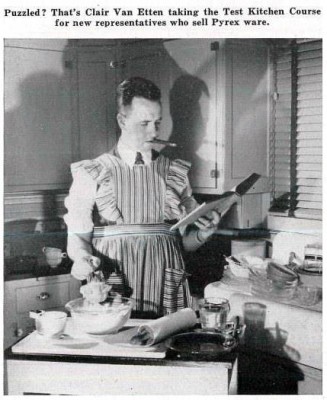 Clair Van Etten taking the Test Kitchen Course. Photography by Ayres Stevens, Corning Glass Works Gaffer, October 1946.