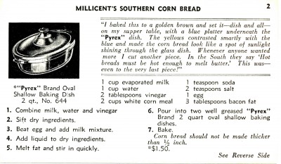 “Millicent’s Southern Corn Bread.” Recipe Cards, Corning Glass Works, 1936. From the Dianne Williams collection on Pyrex, Box 3, Folder 1. CMGL 119626.