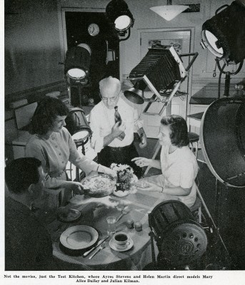 Photographer Ayres Stevens and test kitchen staff member Helen Martin film Mary Alice Dailey and Julian Kilman in the Corning Glass Works Test Kitchen. The Gaffer, October 1946. Courtesy of the Corning Incorporated Department of Archives & Records Management, Corning, NY.