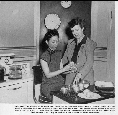 Lucy Maltby welcomes a home economist from China in the Test Kitchen. The Gaffer, September 1946. . Courtesy of the Corning Incorporated Department of Archives & Records Management, Corning, NY.