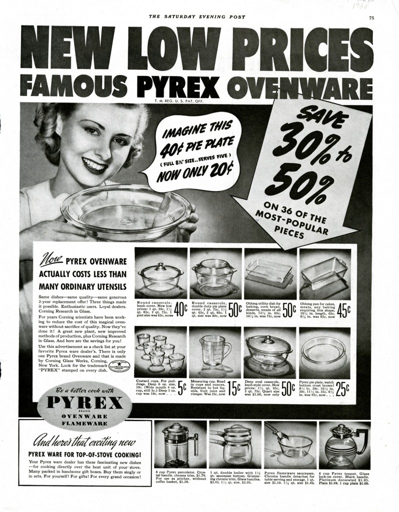 Corning Glass Works. New low prices, famous Pyrex ovenware, September 1938, published in Saturday Evening Post.