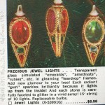 Advertisement showing three Christmas ornaments colored red, gold, and green.