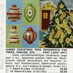 Advertisement with four large, colorful Christmas ornaments displayed next to a tree filled with lighted ornaments.