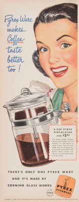 Advertisement for Pyrex percolator from Corning Glass Works, illustrated by Oskar Barshak, published in unknown periodical, 1948. CMGL 140781