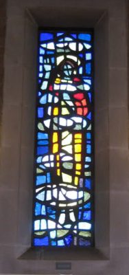 A photograph of the stained glass window installation at St. Peter’s Church, Lawrence Weston, Bristol (http://www.whitefriars.com/forum/index.php?topic=4720.0, courtesy of poster Mike CB).