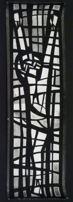 An “After Treatment” photograph of the silver gelatin photograph with applied black painted media and chalky white media depicting the cement matrix (170cm x 51cm)