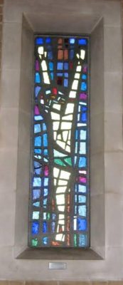 A photograph of the stained glass window installation at St. Peter’s Church, Lawrence Weston, Bristol (http://www.whitefriars.com/forum/index.php?topic=4720.0, courtesy of poster Mike CB).