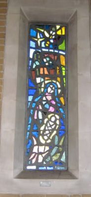 A photograph of the stained glass window installation at St. Peter’s Church, Lawrence Weston, Bristol (http://www.whitefriars.com/forum/index.php?topic=4720.0, courtesy of poster Mike CB).