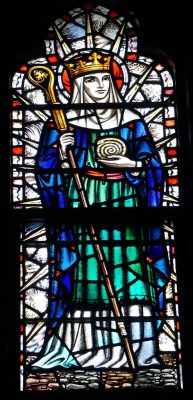 Stained glass window depicting St. Hilda in Calvary Church, Summit, NJ.