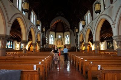 Bonnie gazes up at the spectacular interior of Calvary Church, Summit, NJ.