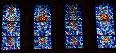 Variations of color and design for the clerestory stained glass windows at Temple Emanu-El, New York City.