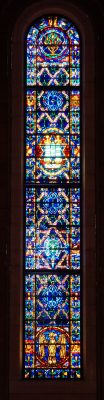 Three tall stained glass windows made by Whitefriars in Temple Emanu-El, New York City.