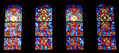 Variations of color and design for the clerestory stained glass windows at Temple Emanu-El, New York City.