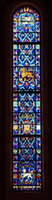 Three tall stained glass windows made by Whitefriars in Temple Emanu-El, New York City.