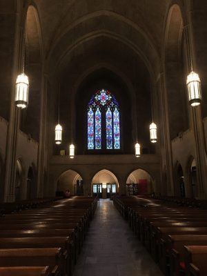 Interior of the Church of the Heavenly Rest, New York City, west end window by Whitefriars.