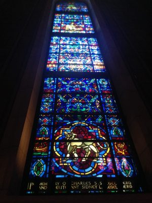 Three tall stained glass windows made by Whitefriars in Temple Emanu-El, New York City.