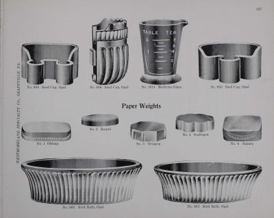 1924 Westmoreland Specialty Company catalog depicting seed cups and bird baths in opal glass.