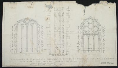 Architectural drawing on paper for windows in St. Nicholas’ Church, Norfolk, England, BIB#163443.