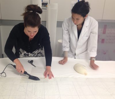 Moya demonstrates to Laura how to apply a conservation grade heat-reactive adhesive to a canvas cartoon.