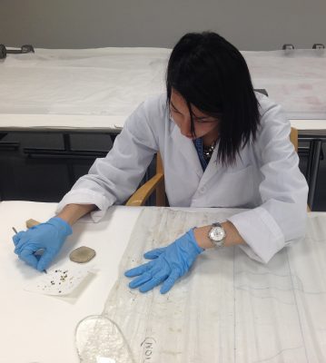 Laura removes wax deposits from a canvas cartoon for St. Vedast’s Church, London, England.