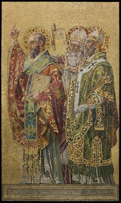 Panel, Fathers of the Church, about 1892. Tiffany Glass and Decorating Company, designed by Joseph Lauber (American, b. Germany, 1855–1948). Glass and plaster. H. 248.3 cm, W. 148.6 cm. The Neustadt Collection of Tiffany Glass, Queens, New York.