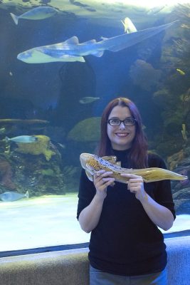 Catherine Miller holds the glass shark as the real Mena swims in the aquarium behind her.