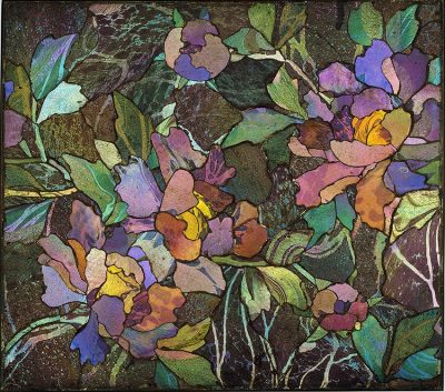 Mosaic panel with peonies, about 1900–1910. Tiffany Glass and Decorating Company or Tiffany Studios. Inlaid iridized glass, bronze. H. 34.5 cm; W. 39 cm; Diam. 2 cm. The Corning Museum of Glass, Corning, New York (77.4.91).