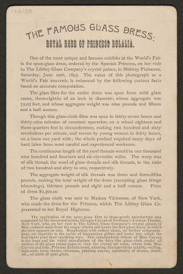 The famous glass dress royal robe of Princess Eulalia, Libbey Glass Company, [1893]. Gift of Rob Smith. CMGL 134150. Verso of cabinet card.