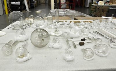 Stubborn stains and long, narrow shapes that limit access to the inside make the museum’s collection of historic scientific lab ware difficult to clean.