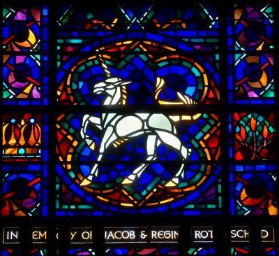 Detail of unicorn in stained glass window