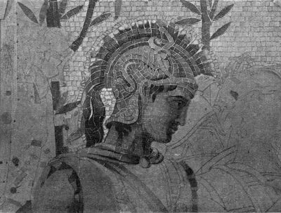 Detail of mosaic in progress, including the head of Patroclos.