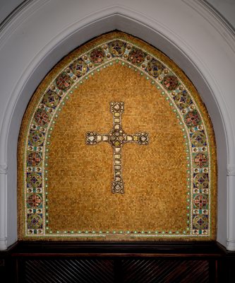 Reredos with cross, after 1910. Tiffany Studios. Glass mosaic with glass “jewels.” Christ Episcopal Church, Corning, New York.