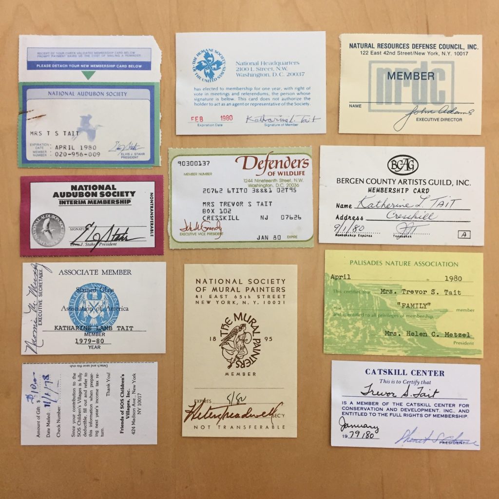 Tait’s membership cards for the Defenders of Wildlife, the National Society of Mural Painters, and the Stained Glass Association of America.