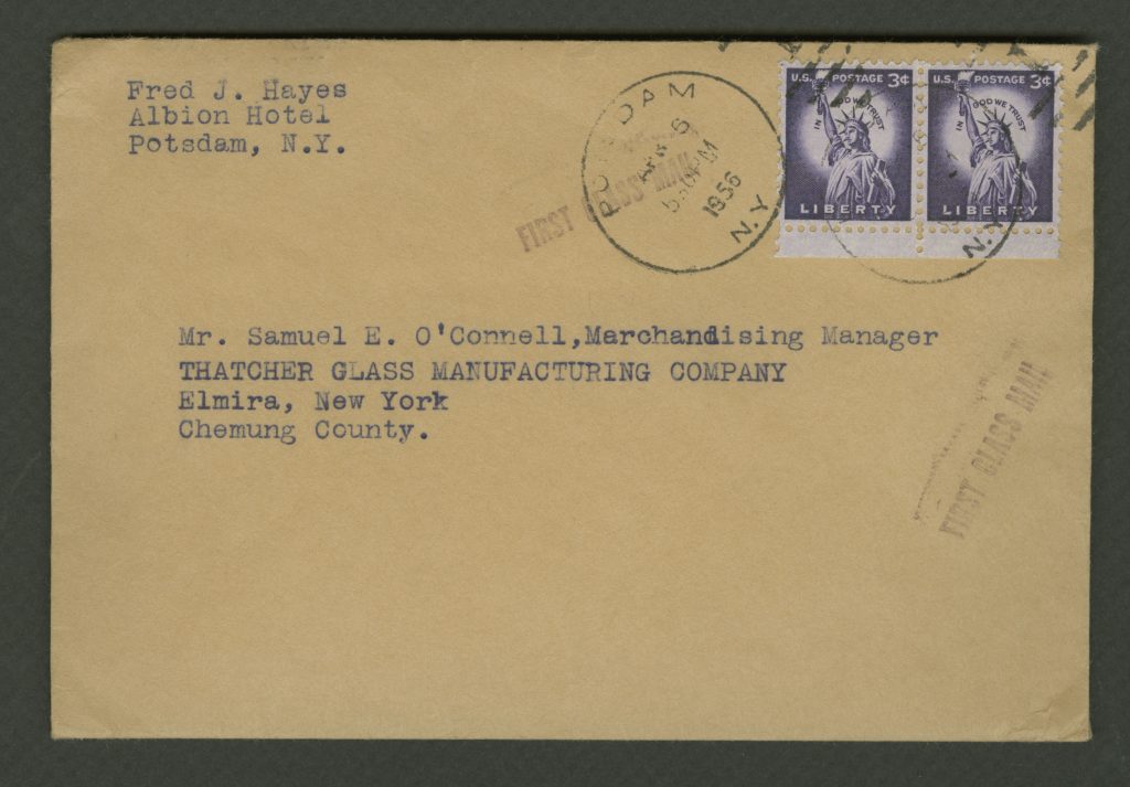 Envelope that Fred J. Hayes sent to Samuel E. O’Connell, postmarked April 5, 1956.