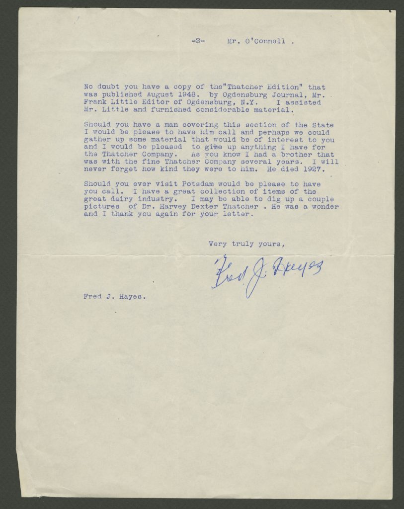 Second page of letter sent to Samuel E. O’Connell from Fred J. Hayes