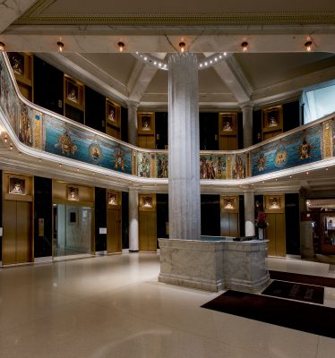 View of the Tiffany mosaic at the Marquette Building from the first floor.