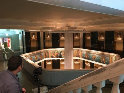 Photographing the mosaics at the Marquette Building from the second floor.