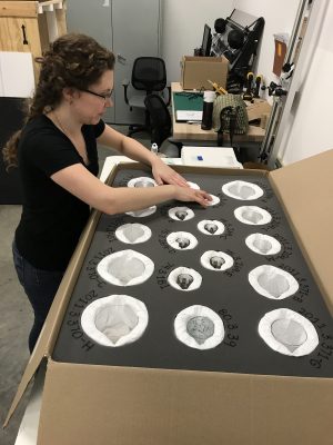 Lindsay Nikisher, Preparator, makes sure all objects fit snugly in their correct place.