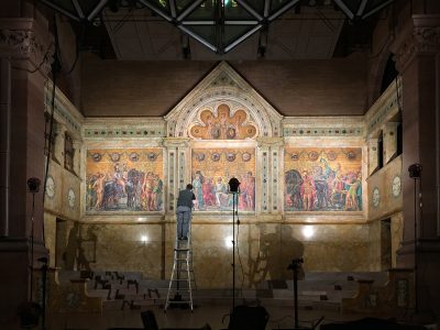 Photographing the Tiffany mosaic in Alexander Hall at Princeton University.