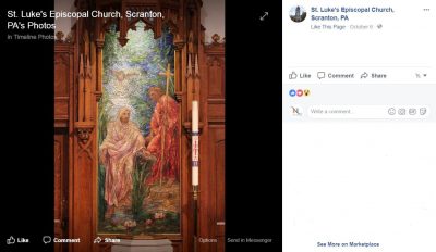 A screenshot confirming the extant status of a Tiffany mosaic in Scranton, Pa., found on the church’s Facebook page.