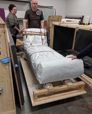 Registrar Emily Smith and MAK’s curatorial assistant Harald Bauer, unpack a chaise.